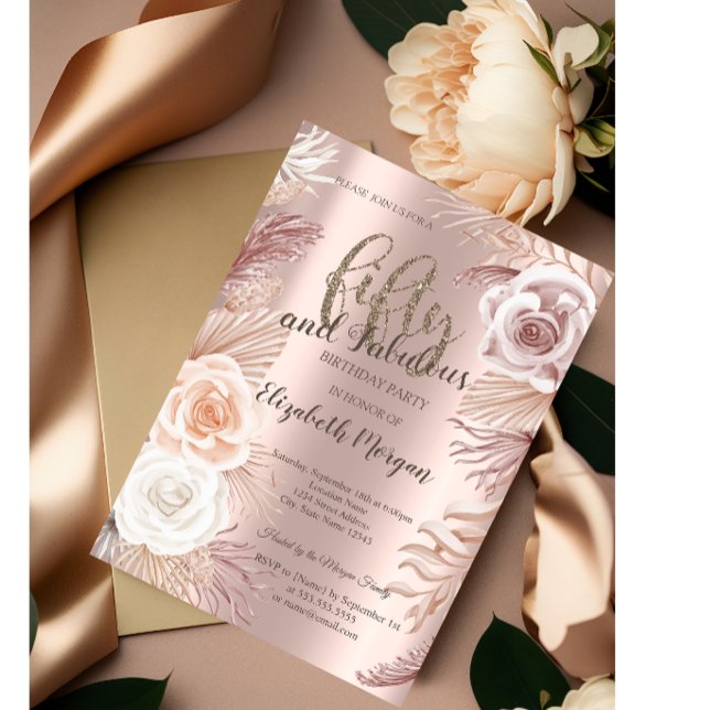 Invitation Boho Flowers Rose Gold 50th Birthday Party (Créateur téléchargé)