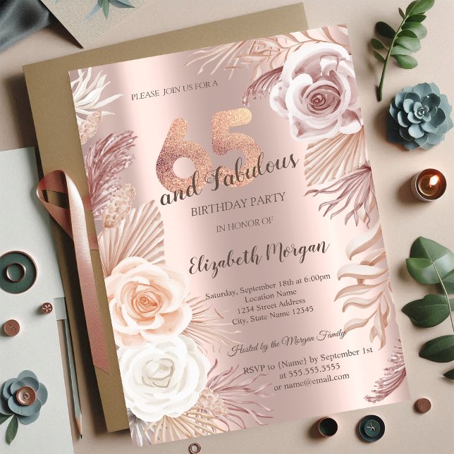 Invitation Boho Flowers Rose Gold 65e fête d'anniversaire (Créateur téléchargé)