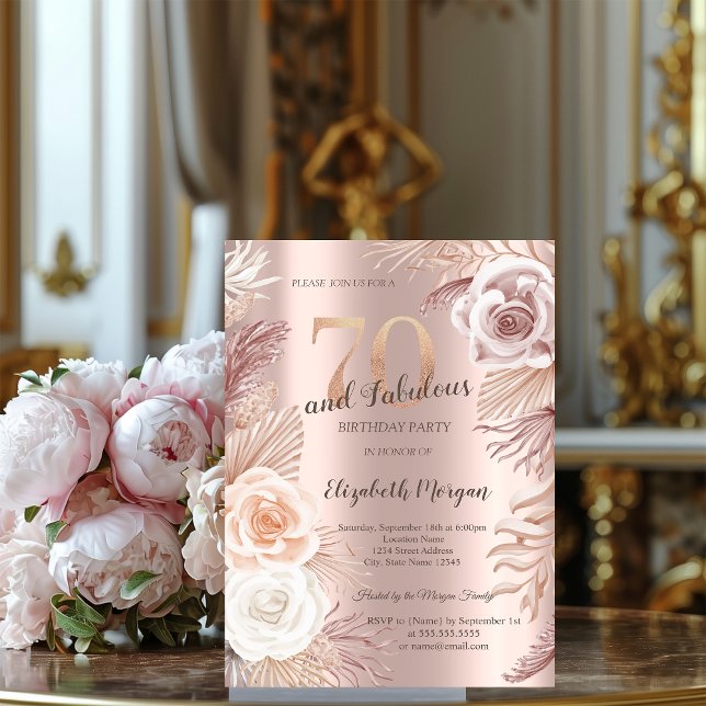 Invitation Boho Flowers Rose Gold 70th Birthday Party (Créateur téléchargé)
