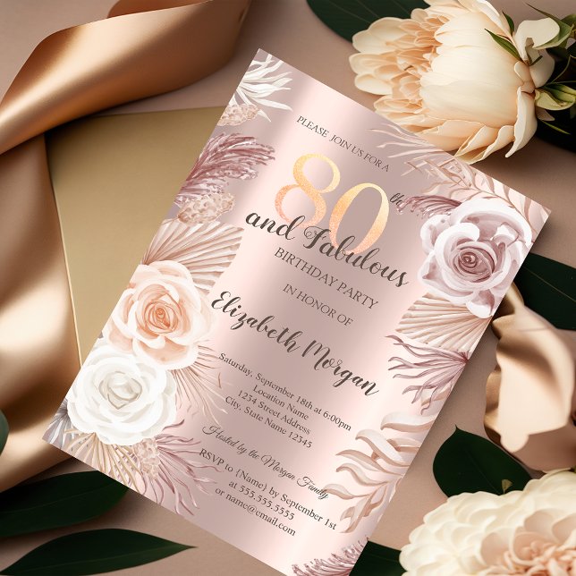 Invitation Boho Flowers Rose Gold 80e anniversaire (Créateur téléchargé)