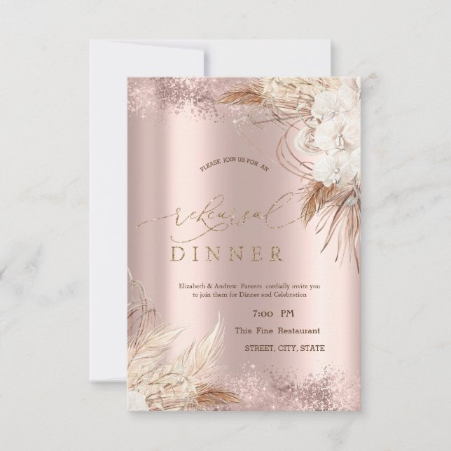 Invitation Boho Flowers Rose Gold Confetti Dîner de répétitio (Devant)