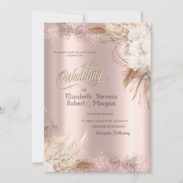 Invitation Boho Flowers Rose Gold Confetti Mariage (Devant)
