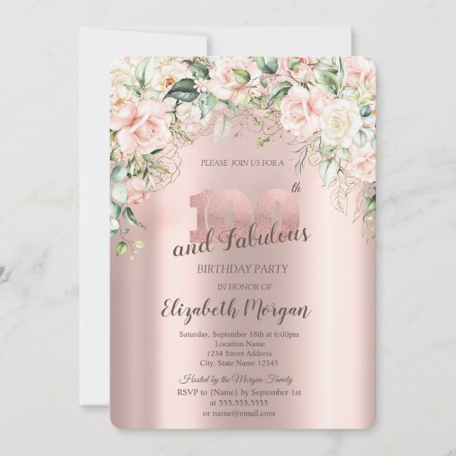 Invitation Boho Flowers Rose Rose or 100e anniversaire (Devant)