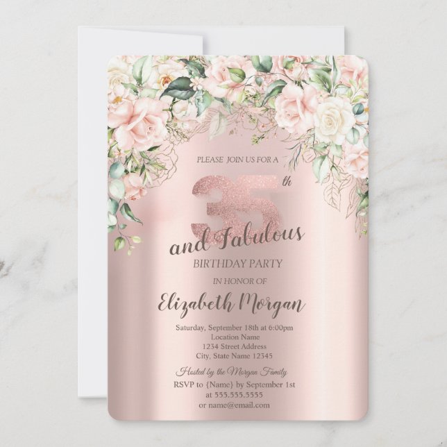 Invitation Boho Flowers Rose Rose Or 35e anniversaire (Devant)