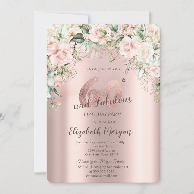 Invitation Boho Flowers Rose Rose Or 60e anniversaire (Devant)