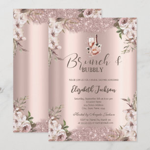 Invitation Boho Flowers Shiny Frame Rose Fête des mariées or