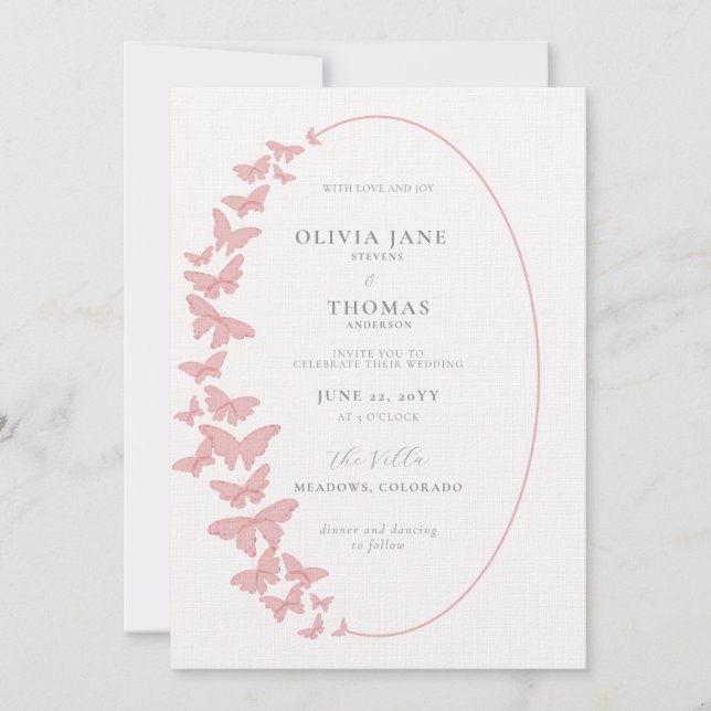 Invitation Boho Frame Blush Pink Butterflies Mariage élégant (Devant)