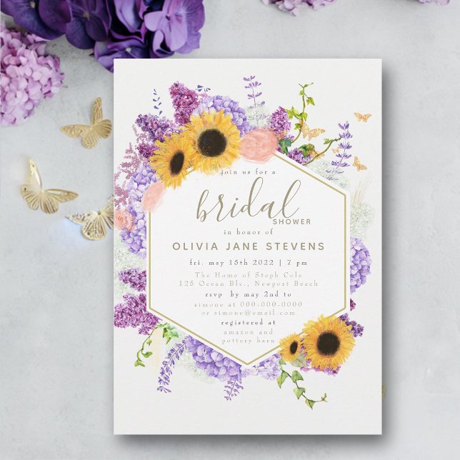 Invitation Boho Frame Papillon tournesol Fête des mariées de  (modern rustic hydrangea sunflower butterfly bridal shower invitation frame elegant bohemian purple)