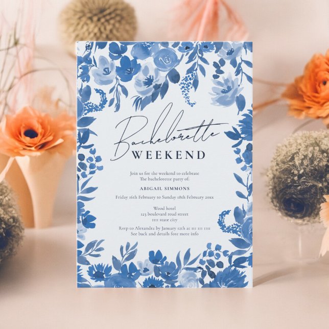 Invitation Boho French blue main peint fin de semaine bachelo (Boho French blue hand painted bachelorette weekend Invitation)