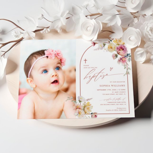 Invitation Boho Garden Fleurs Roses Photo Girl Baptism (Créateur téléchargé)