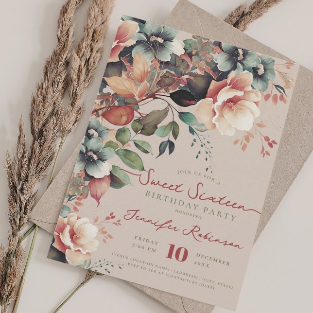 Invitation Boho Garden Floral Sweet 16 Anniversaire Champagne (Boho Garden Floral Sweet 16 Birthday Champagne Invitation)