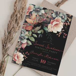 Invitation Boho Garden Floral Sweet 16 Anniversaire Noir
