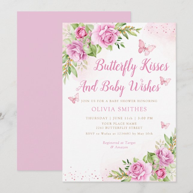 Invitation Boho Garden Papillon rose Baisers Baby shower fill (Devant / Derrière)