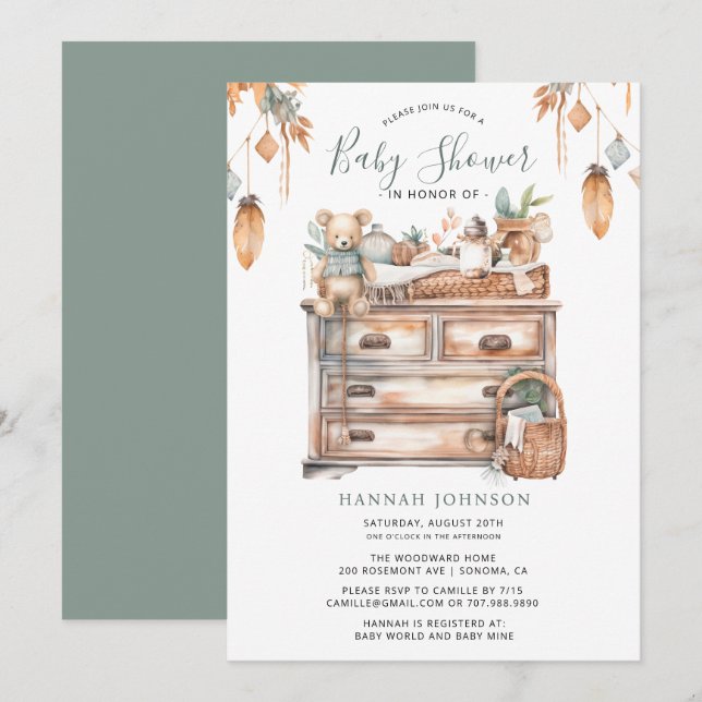 Invitation Boho Genre Neutre Baby Room Douche (Devant / Derrière)