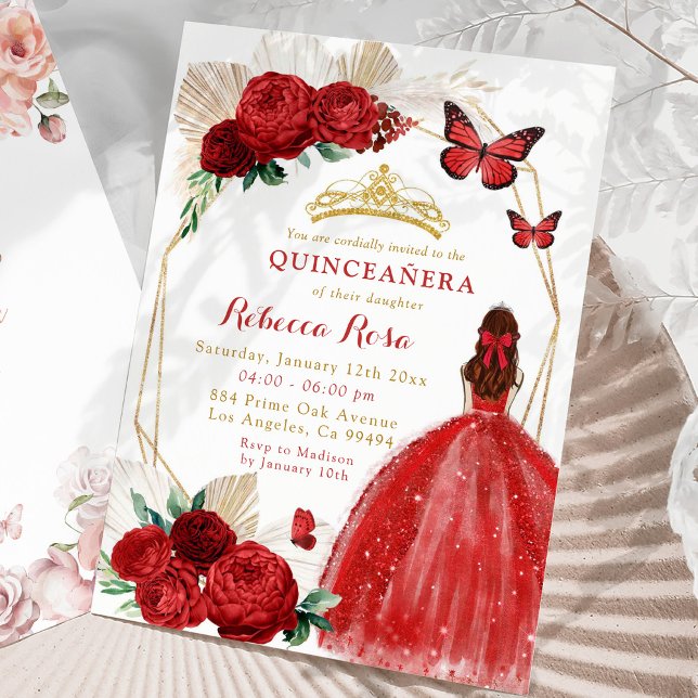 Invitation Boho Géométrique Or et Roses Rouges Quinceañera (Créateur téléchargé)