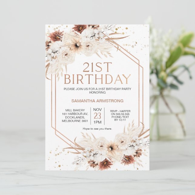 Invitation Boho géométrique rose or Floral 21e anniversaire (Debout devant)