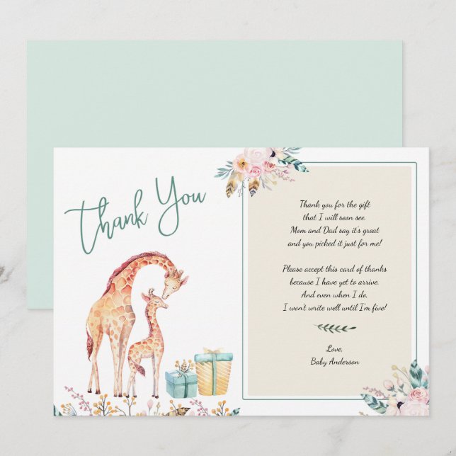 Invitation Boho Giraffe Baby shower merci note poème (Devant / Derrière)