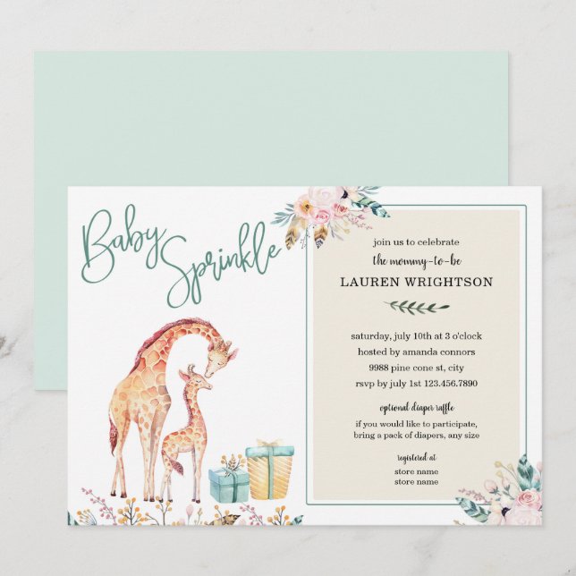 Invitation Boho Giraffe Baby Sprinkel neutre genre (Devant / Derrière)