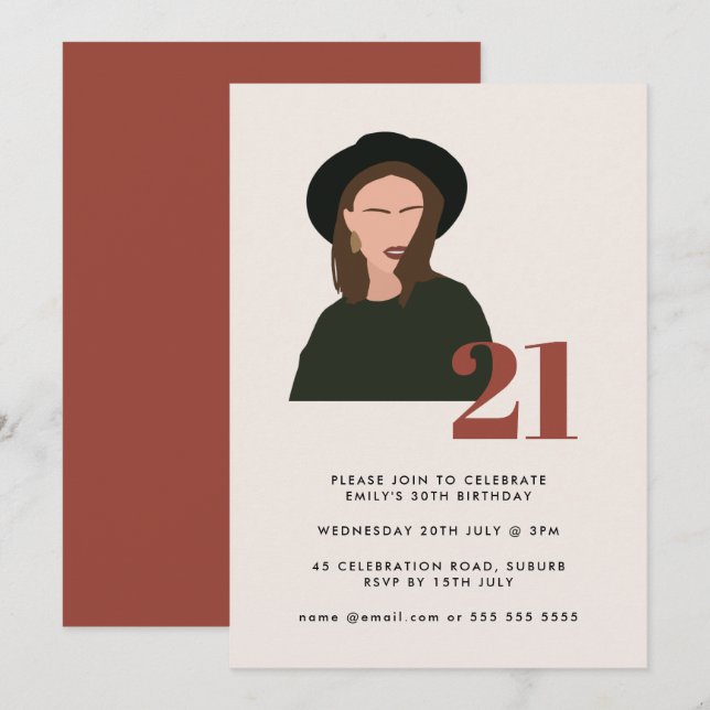 Invitation Boho Girl Minimalist Terracotta 21e anniversaire (Devant / Derrière)