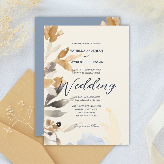 Invitation Boho Gold Dusty Blue Winter Floral Mariage (Boho Gold Dusty Blue Winter Floral Wedding Invitation)
