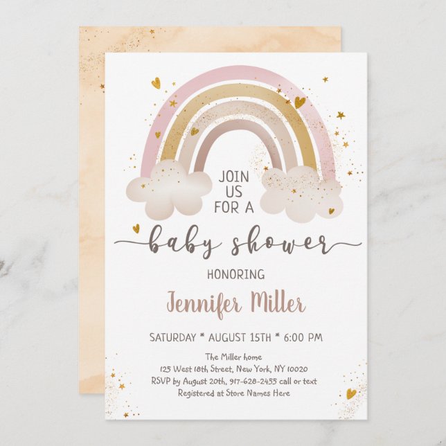 Invitation Boho Gold Rainbow Clouds Baby Shower (Devant / Derrière)