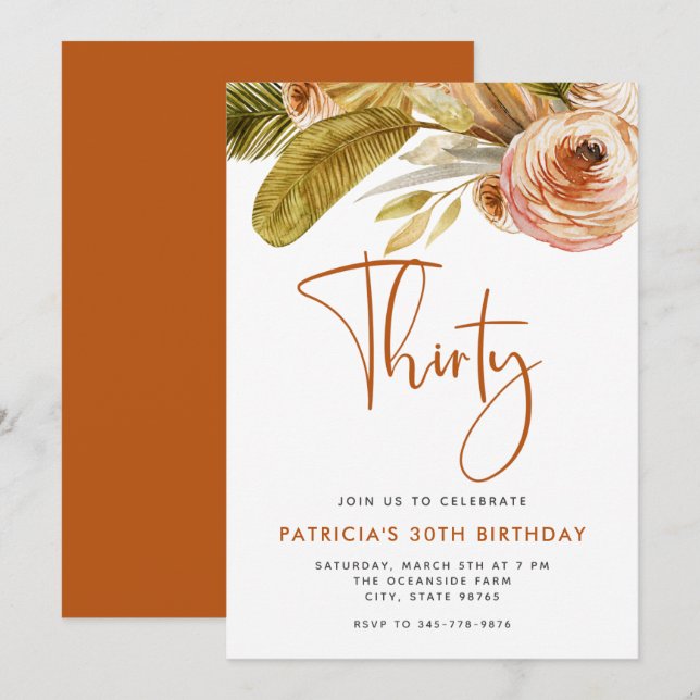 Invitation Boho Gold Rose Floral 30e fête d'anniversaire (Devant / Derrière)