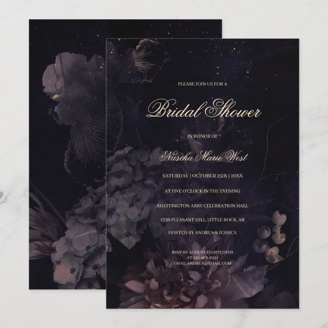 Invitation Boho gothique foncé violet Fête des mariées floral (Devant / Derrière)