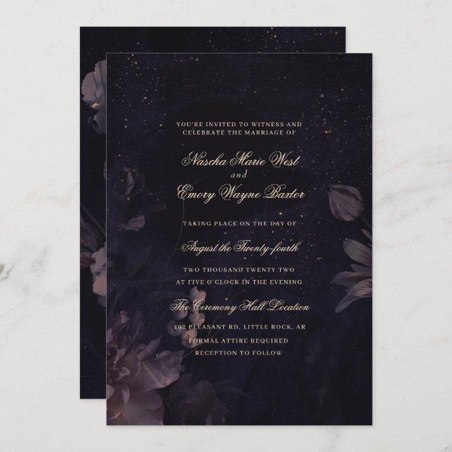 Invitation Boho gothique foncé violet Mariage floral (Devant / Derrière)