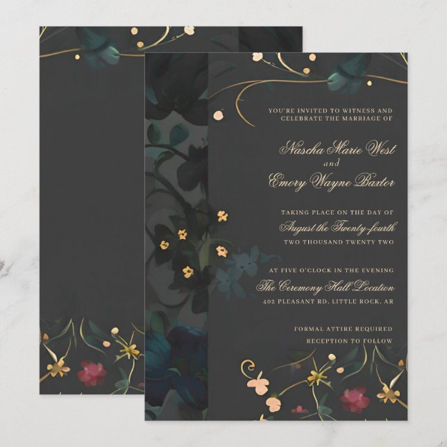 Invitation Boho gothique gris foncé Abstrait Mariage floral I (Devant / Derrière)