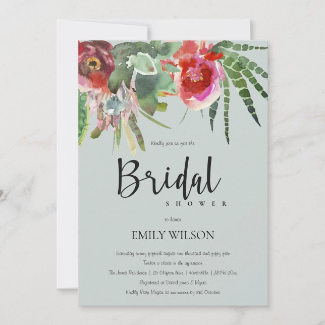 INVITATION BOHO GRAY ROSE FLORAL CACTI FOLIE FÊTE DES MARIÉES (Devant)