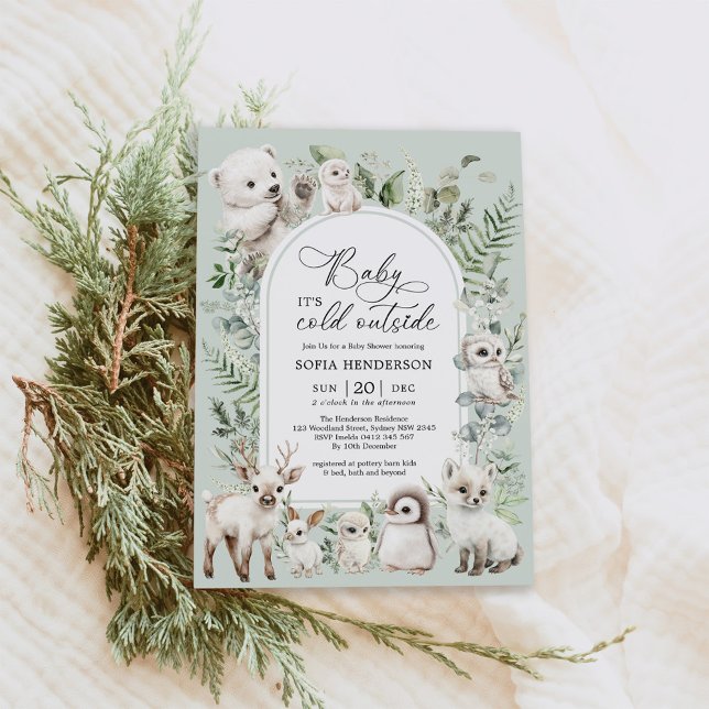 Invitation Boho Green Animaux arctiques Baby shower d'hiver (Créateur téléchargé)