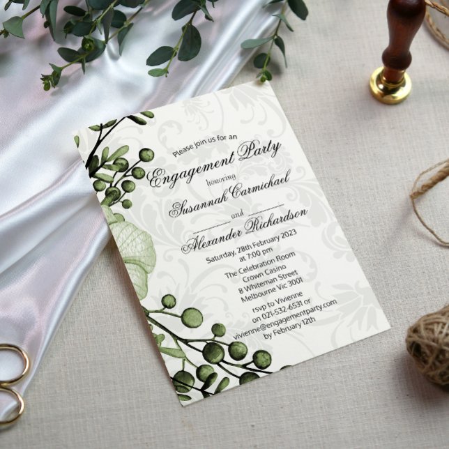 Invitation Boho Green Berry Wreath Damask Fiançailles (Créateur téléchargé)