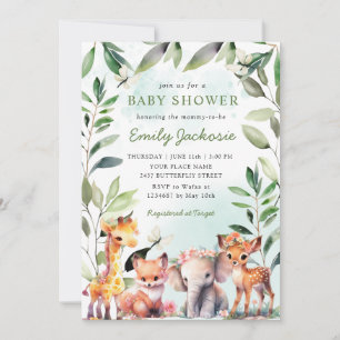 Invitation Boho Green Bois Animaux Baby shower Forêt
