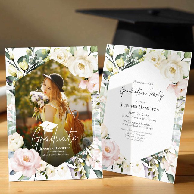 Invitation Boho Green Cadre Floral Photo Graduation Party (Créateur téléchargé)