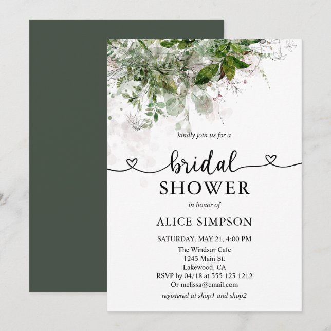 Invitation Boho Green Calligraphy Heart Fête des mariées Invi (Devant / Derrière)