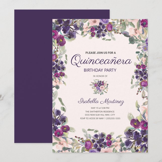 Invitation Boho Green Feuilles violet rose Floral Quinceañera (Devant / Derrière)