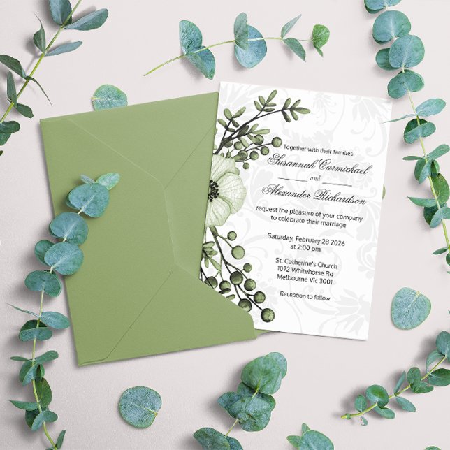 Invitation Boho Green Floral Berries Mariage damassé (Créateur téléchargé)