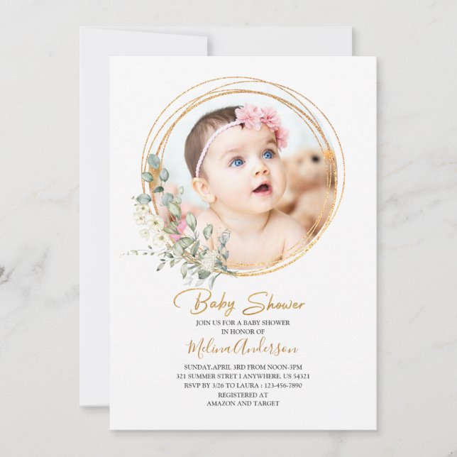 Invitation Boho Green Gold Frame baby shower d'aquarelle (Devant)