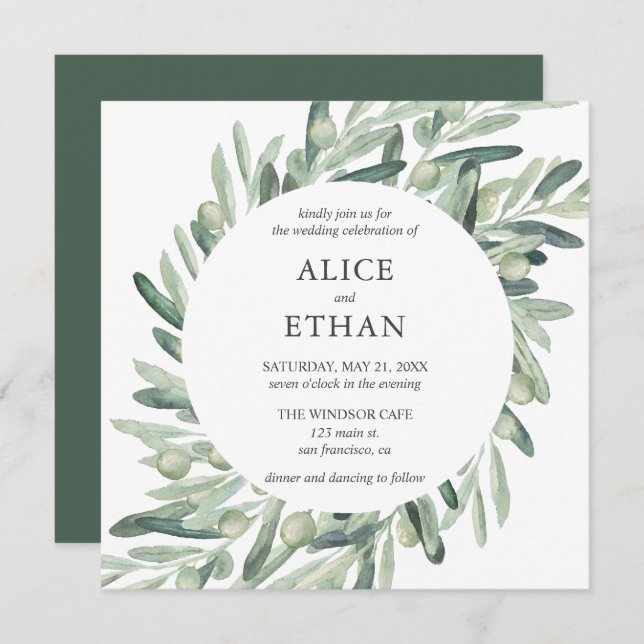 Invitation Boho Green Olive Feuille Mariage (Devant / Derrière)