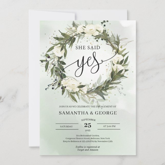 Invitation Boho Green Olive wreath blanc roses elle a dit oui (Devant)