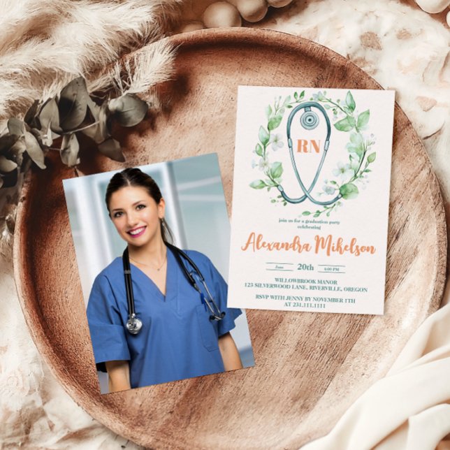 Invitation Boho Green Photo Aquarelle École de soins infirmie (Créateur téléchargé)