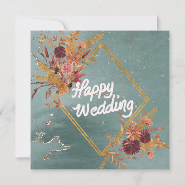 Invitation Boho Green Rouge Floral Motif 'Joyeux Mariage' (Devant)
