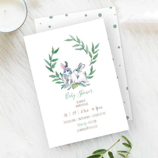 Invitation Boho Green Watercolor Bunny Baby shower (Baby shower invitation woodland bunny rabbit watercolor art by Victoria Grigaliunas)