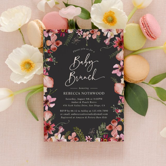 Invitation Boho Gris moderne Fleurs sauvages Bébé Brunch Douc (Créateur téléchargé)