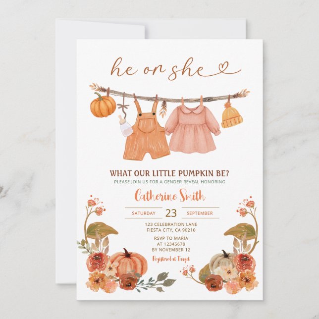 Invitation Boho He ou She Citrouille Genre Reveillez Automne  (Devant)