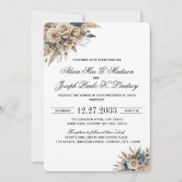 Invitation Boho Herbe des Pampas Floraux Bleus Élégants