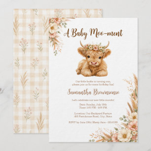 Invitation Boho Highland Cow Gingham Floral Anniversaire