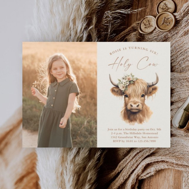 Invitation Boho Highland Cow Kids Photo Anniversaire (Boho Highland Cow Kids Girls Photo Birthday Party Invitations.)