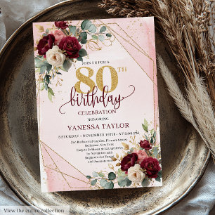 Invitation Boho intemporel Bourgogne Gold Roses 80e anniversa