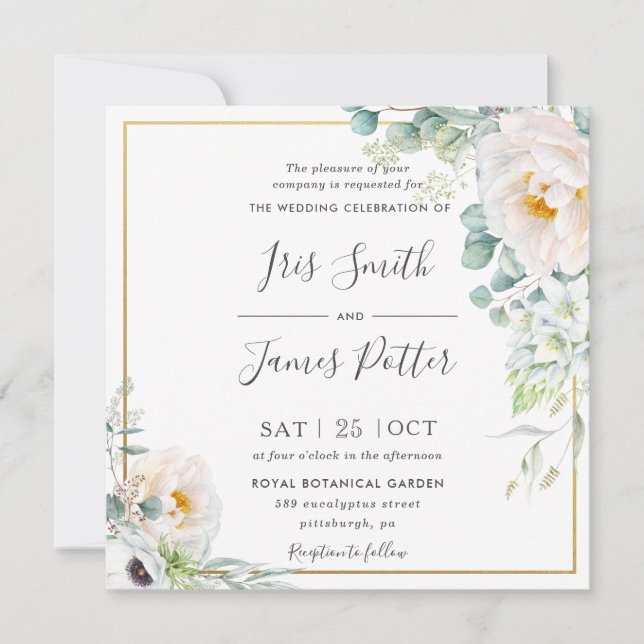 Invitation Boho ivoire blanc pivoine Floral Eucalyptus Mariag (Devant)